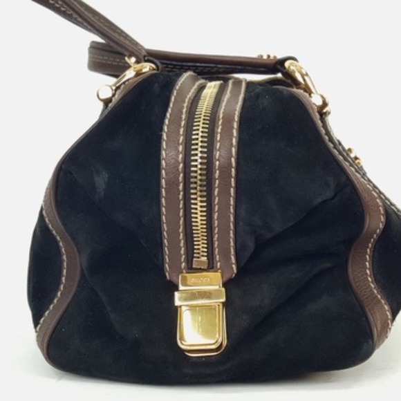 Gucci Aviatrix Boston Black Suede Brown Leather Satchel Bag Handbag - Picture 5 of 10